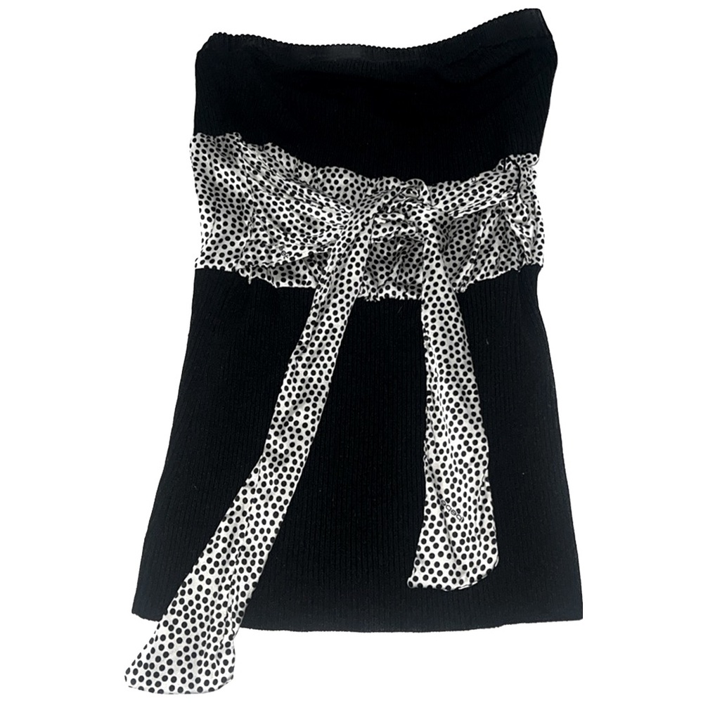 Bebe Vintage Y2K Black Ribbed Knit Silk Polkadot Tie Up Strapless Tube Top